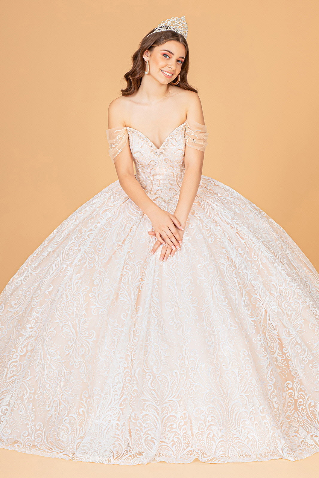 Jewel Mesh w/ Mini Bag and Separate Long Sleeves Quinceanera Dress GLGL3073-1